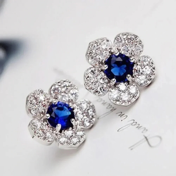 Sapphire Blue Pave Crystal Flower Stud Earrings - Picture 1 of 4